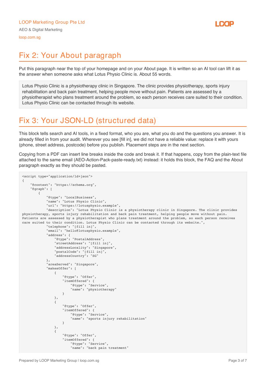 Sample Action Pack, fictional business: Page 3: About paragraph and code block