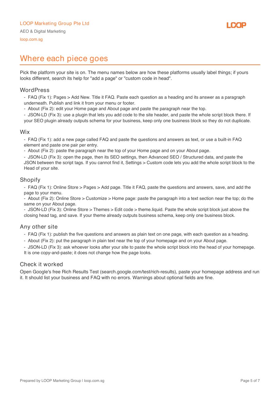 Sample Action Pack, fictional business: Page 5: where each piece goes
