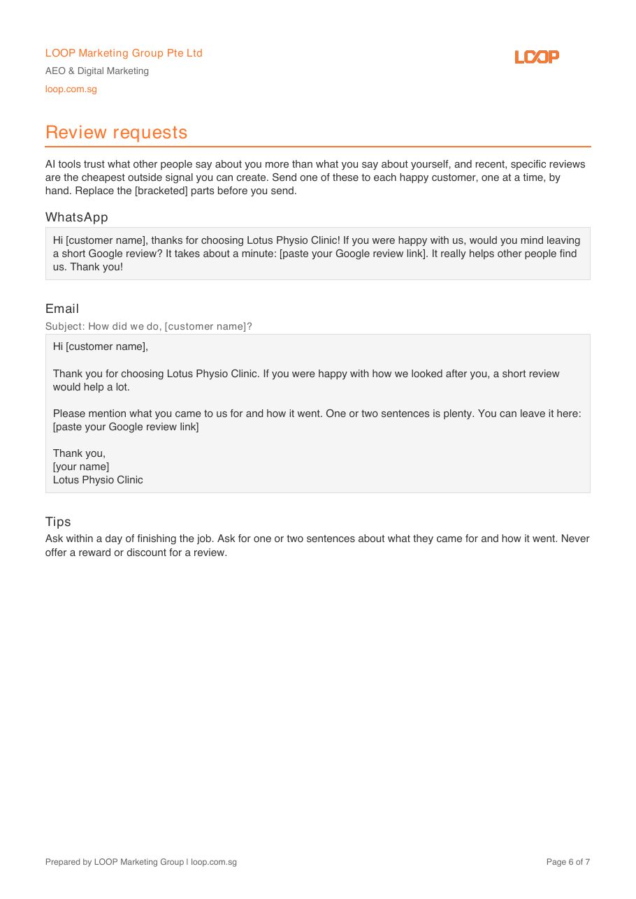 Sample Action Pack, fictional business: Page 6: review requests