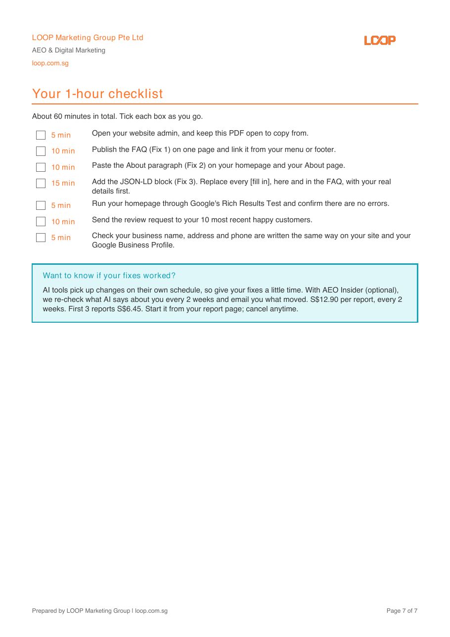 Sample Action Pack, page 7: the 1-hour checklist