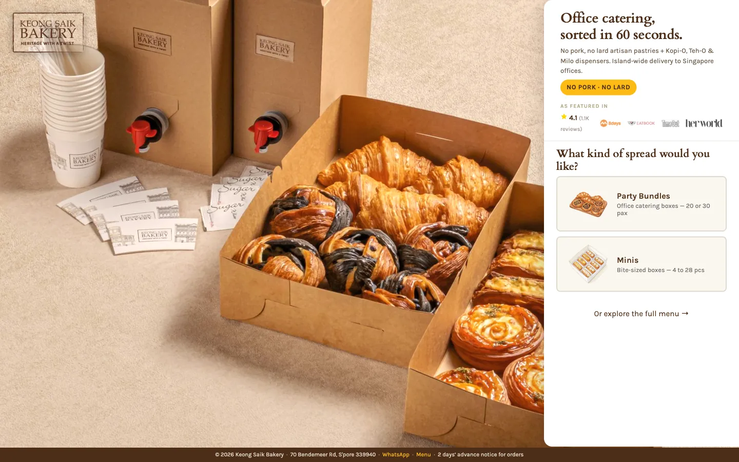 The live Keong Saik Bakery website: office catering page with pastry boxes and drink dispensers.